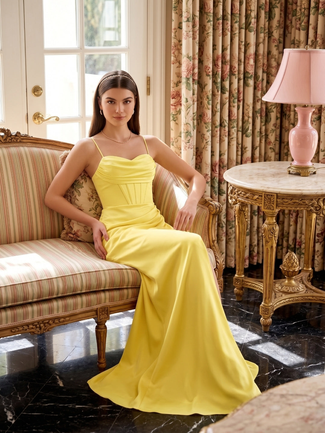 Elegant Lemon Satin Sheath Straight Neck Back Zip Ankle-Length Bridesmaid Dress - Curvevia
