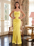 Elegant Lemon Satin Sheath Straight Neck Back Zip Ankle-Length Bridesmaid Dress - Curvevia