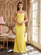 Elegant Lemon Satin Sheath Straight Neck Back Zip Ankle-Length Bridesmaid Dress - Curvevia