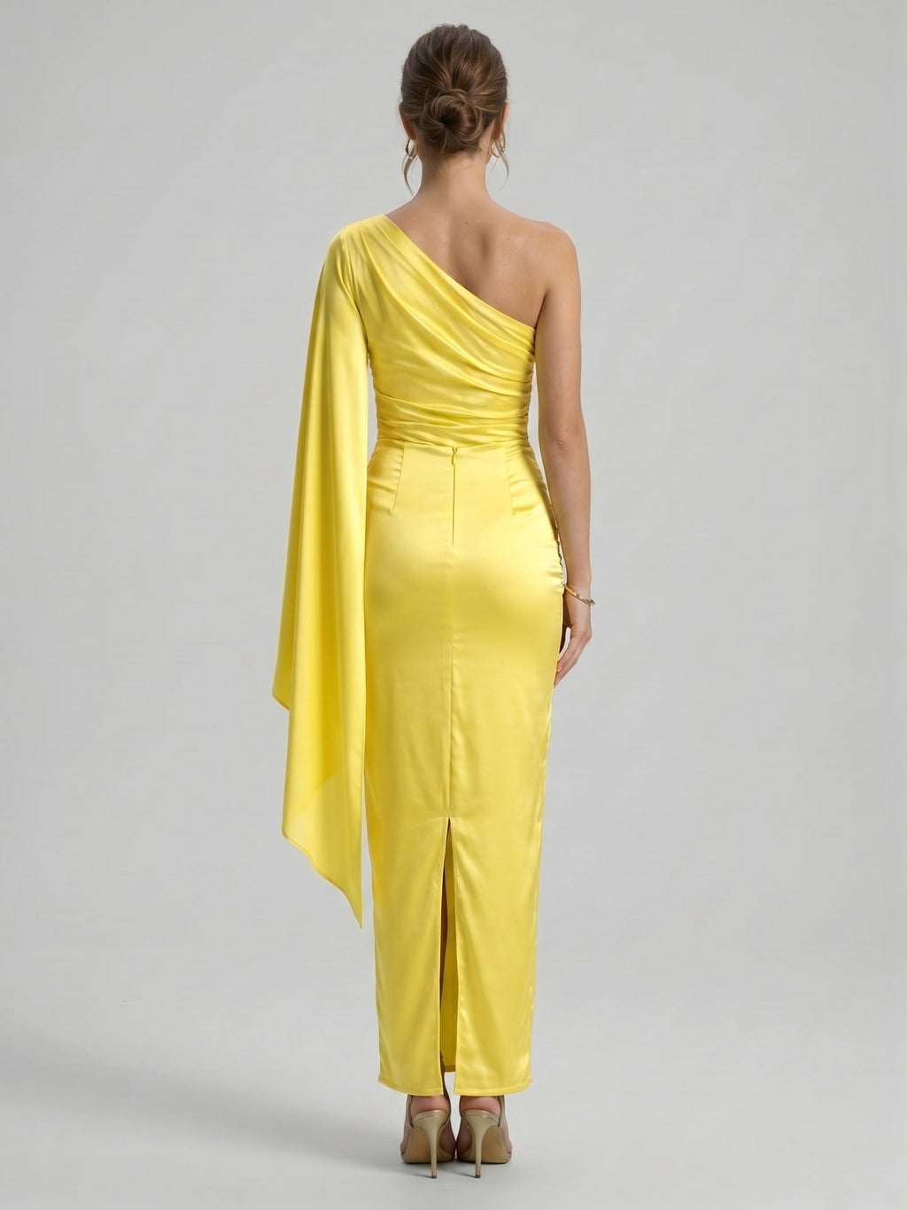 Elegant Lemon Stretch Knit column One Shoulder Side Zip Ankle-Length Bridesmaid Dress - Curvevia
