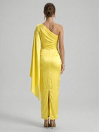 Elegant Lemon Stretch Knit column One Shoulder Side Zip Ankle-Length Bridesmaid Dress - Curvevia