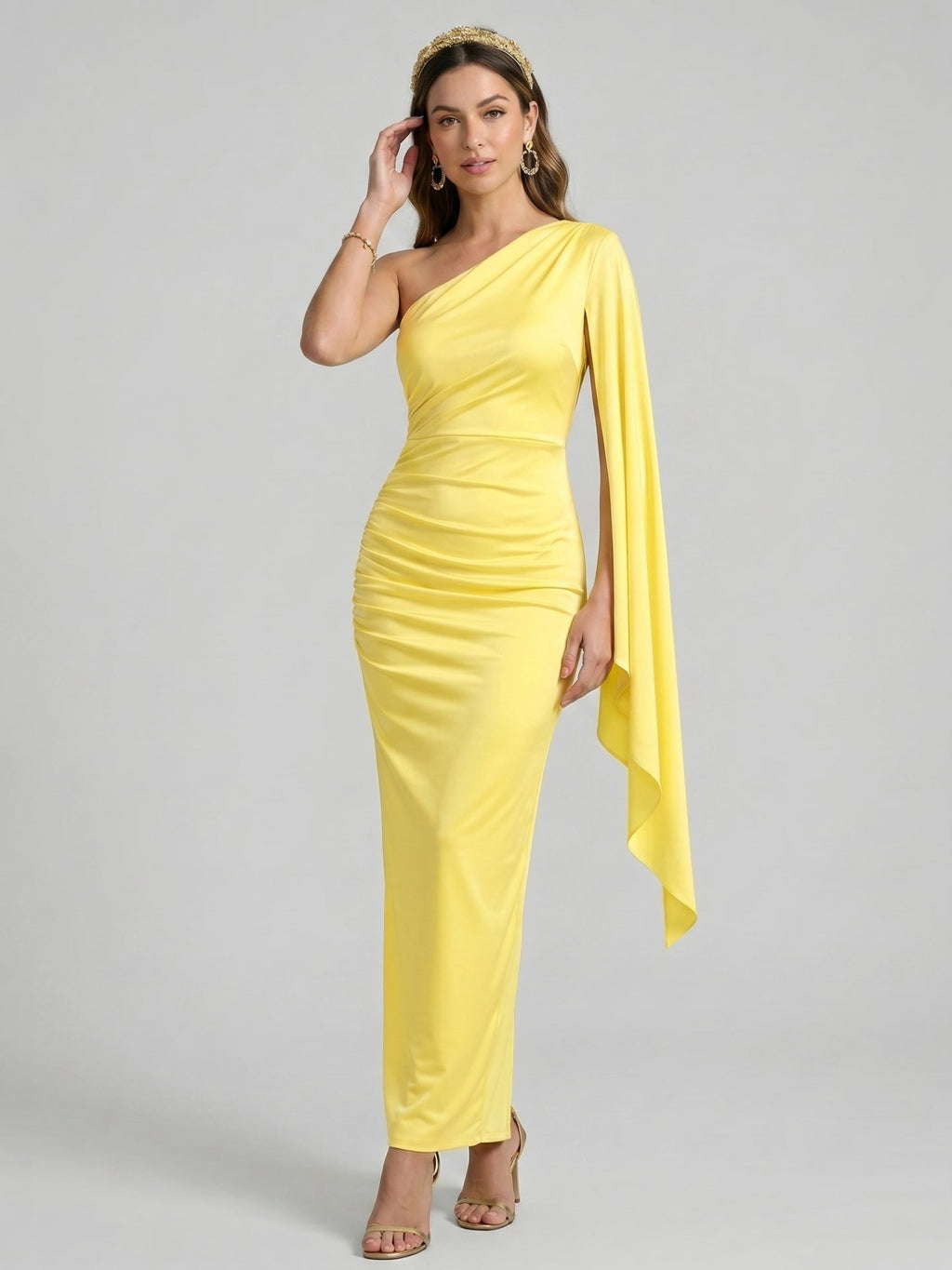Elegant Lemon Stretch Knit column One Shoulder Side Zip Ankle-Length Bridesmaid Dress - Curvevia
