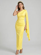 Elegant Lemon Stretch Knit column One Shoulder Side Zip Ankle-Length Bridesmaid Dress - Curvevia