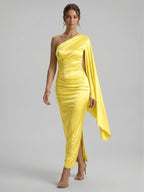 Elegant Lemon Stretch Knit column One Shoulder Side Zip Ankle-Length Bridesmaid Dress - Curvevia
