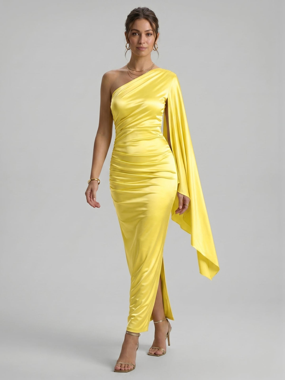 Elegant Lemon Stretch Knit column One Shoulder Side Zip Ankle-Length Bridesmaid Dress - Curvevia
