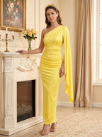 Elegant Lemon Stretch Knit column One Shoulder Side Zip Ankle-Length Bridesmaid Dress - Curvevia