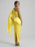 Elegant Lemon Stretch Knit column One Shoulder Side Zip Ankle-Length Bridesmaid Dress - Curvevia