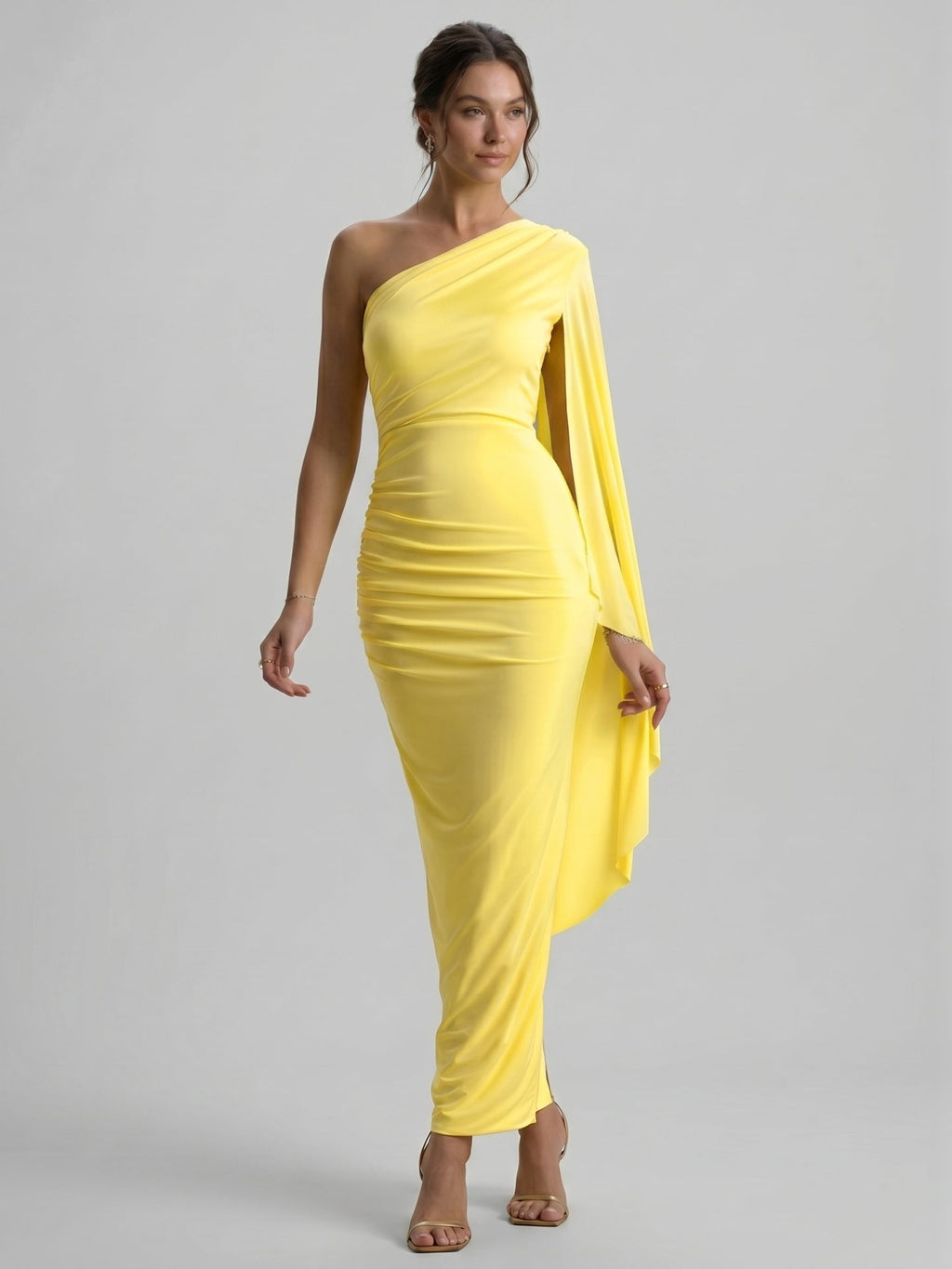 Elegant Lemon Stretch Knit column One Shoulder Side Zip Ankle-Length Bridesmaid Dress - Curvevia