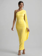 Elegant Lemon Stretch Knit column One Shoulder Side Zip Ankle-Length Bridesmaid Dress - Curvevia