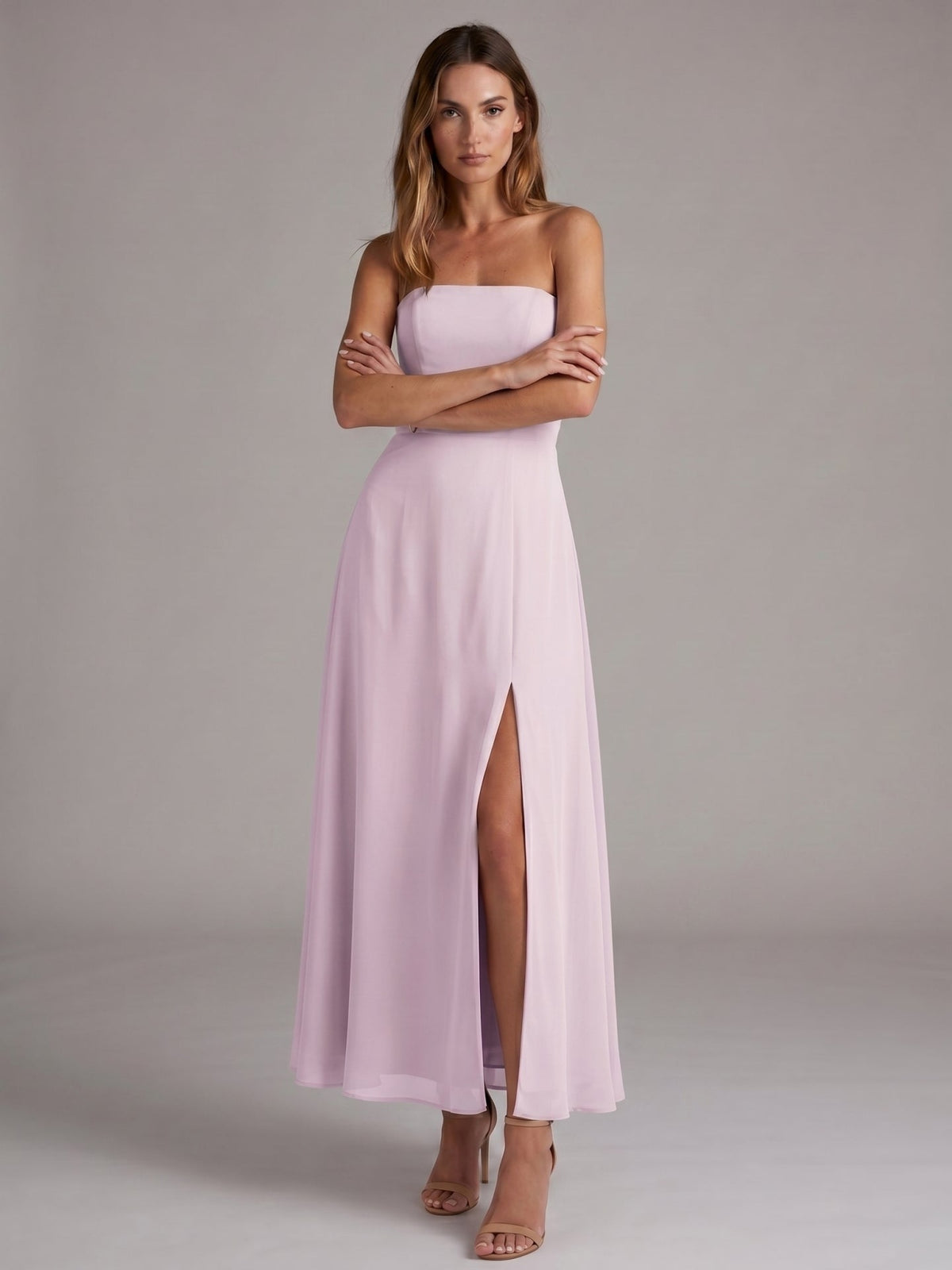 Elegant Lilac Chiffon A-Line Off-the-Shoulder Back Zip Ankle-Length Bridesmaid Dress - Curvevia