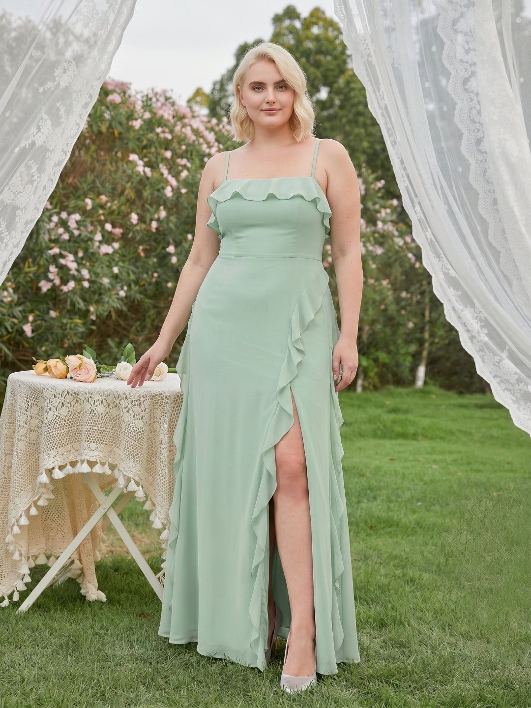 Elegant Mint Green Chiffon A-Line Straight Neck Backless with Ruffle Ankle-Length Plus Size Bridesmaid Dress - Curvevia