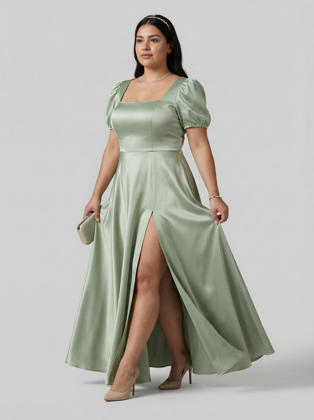 Elegant Dusty Sage Satin A-Line Square Neck Backless Ankle-Length Plus Size Bridesmaid Dress - Curvevia