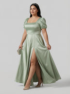Elegant Dusty Sage Satin A-Line Square Neck Backless Ankle-Length Plus Size Bridesmaid Dress - Curvevia