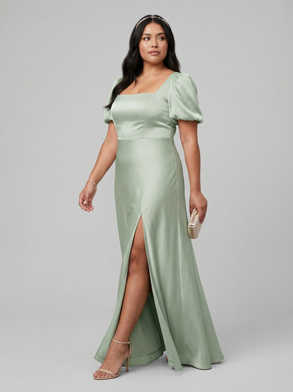 Elegant Dusty Sage Satin A-Line Square Neck Backless Ankle-Length Plus Size Bridesmaid Dress - Curvevia