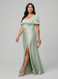 Elegant Dusty Sage Satin A-Line Square Neck Backless Ankle-Length Plus Size Bridesmaid Dress - Curvevia