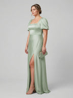 Elegant Dusty Sage Satin A-Line Square Neck Backless Ankle-Length Plus Size Bridesmaid Dress - Curvevia