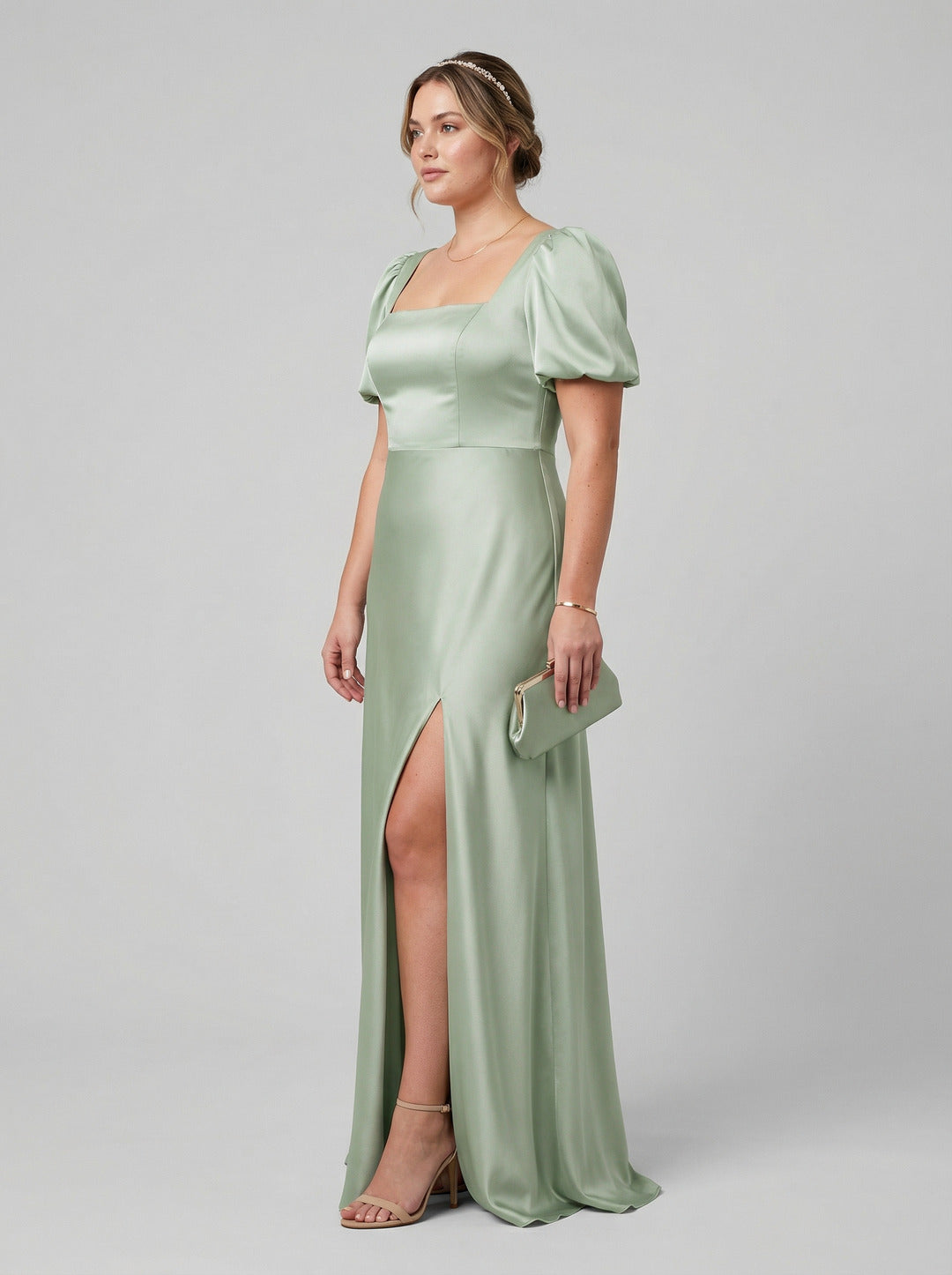 Elegant Dusty Sage Satin A-Line Square Neck Backless Ankle-Length Plus Size Bridesmaid Dress - Curvevia