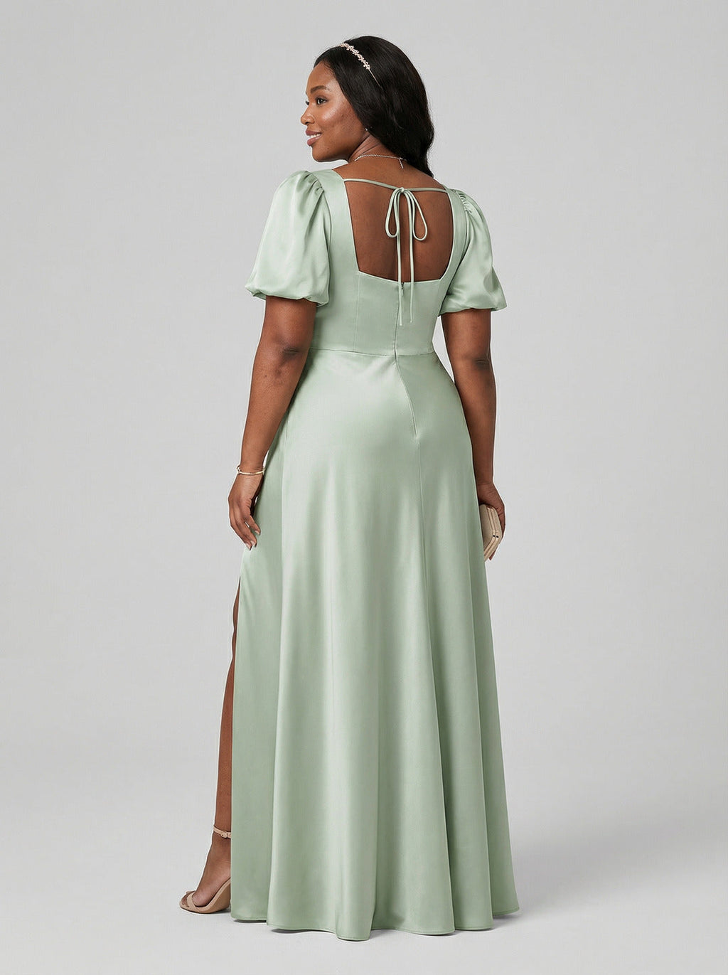 Elegant Dusty Sage Satin A-Line Square Neck Backless Ankle-Length Plus Size Bridesmaid Dress - Curvevia