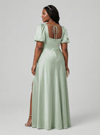 Elegant Dusty Sage Satin A-Line Square Neck Backless Ankle-Length Plus Size Bridesmaid Dress - Curvevia