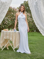 Elegant Mist Satin column Halter neckline Ankle-Length Bridesmaid Dress with Minimalist Design - Curvevia