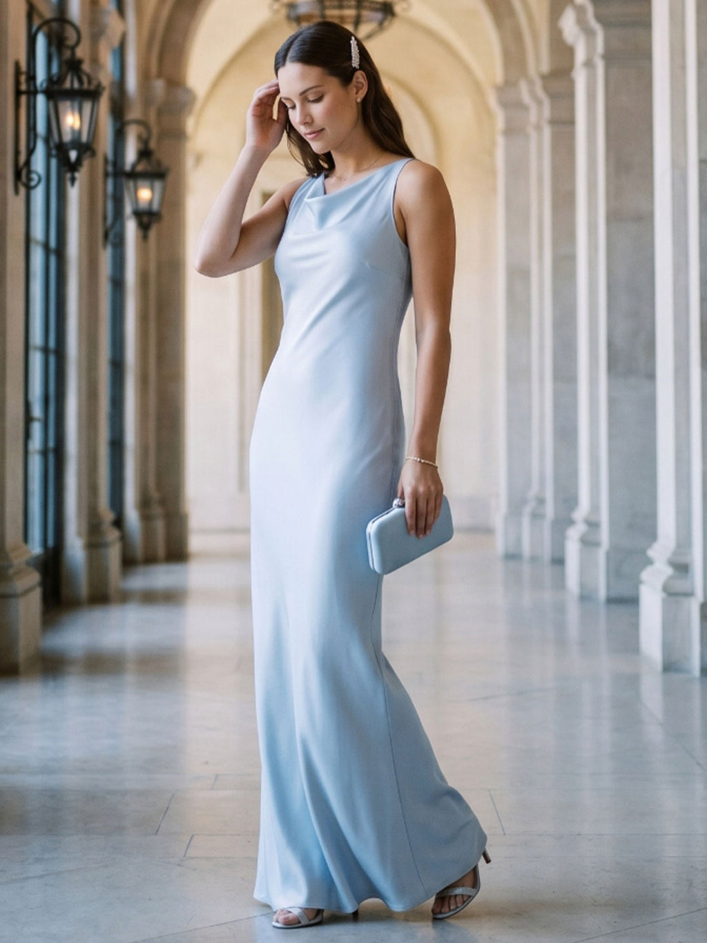 Elegant Mist Satin mermaid Cowl Neck Back Zip Ankle-Length Bridesmaid Dress - Curvevia