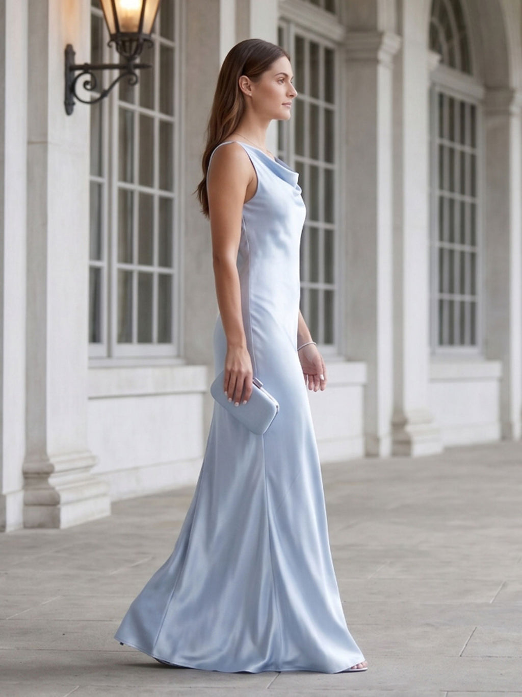 Elegant Mist Satin mermaid Cowl Neck Back Zip Ankle-Length Bridesmaid Dress - Curvevia