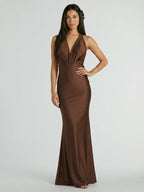 Elegant Mocha Satin mermaid V-Neck Ankle-Length Bridesmaid Dress with Minimalist Design - Curvevia