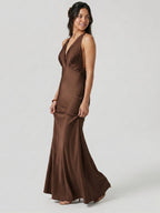 Elegant Mocha Satin mermaid V-Neck Ankle-Length Bridesmaid Dress with Minimalist Design - Curvevia