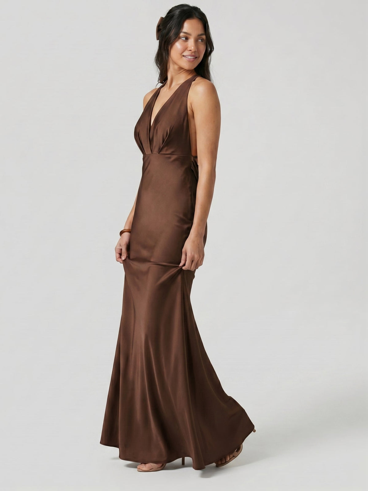 Elegant Mocha Satin mermaid V-Neck Ankle-Length Bridesmaid Dress with Minimalist Design - Curvevia