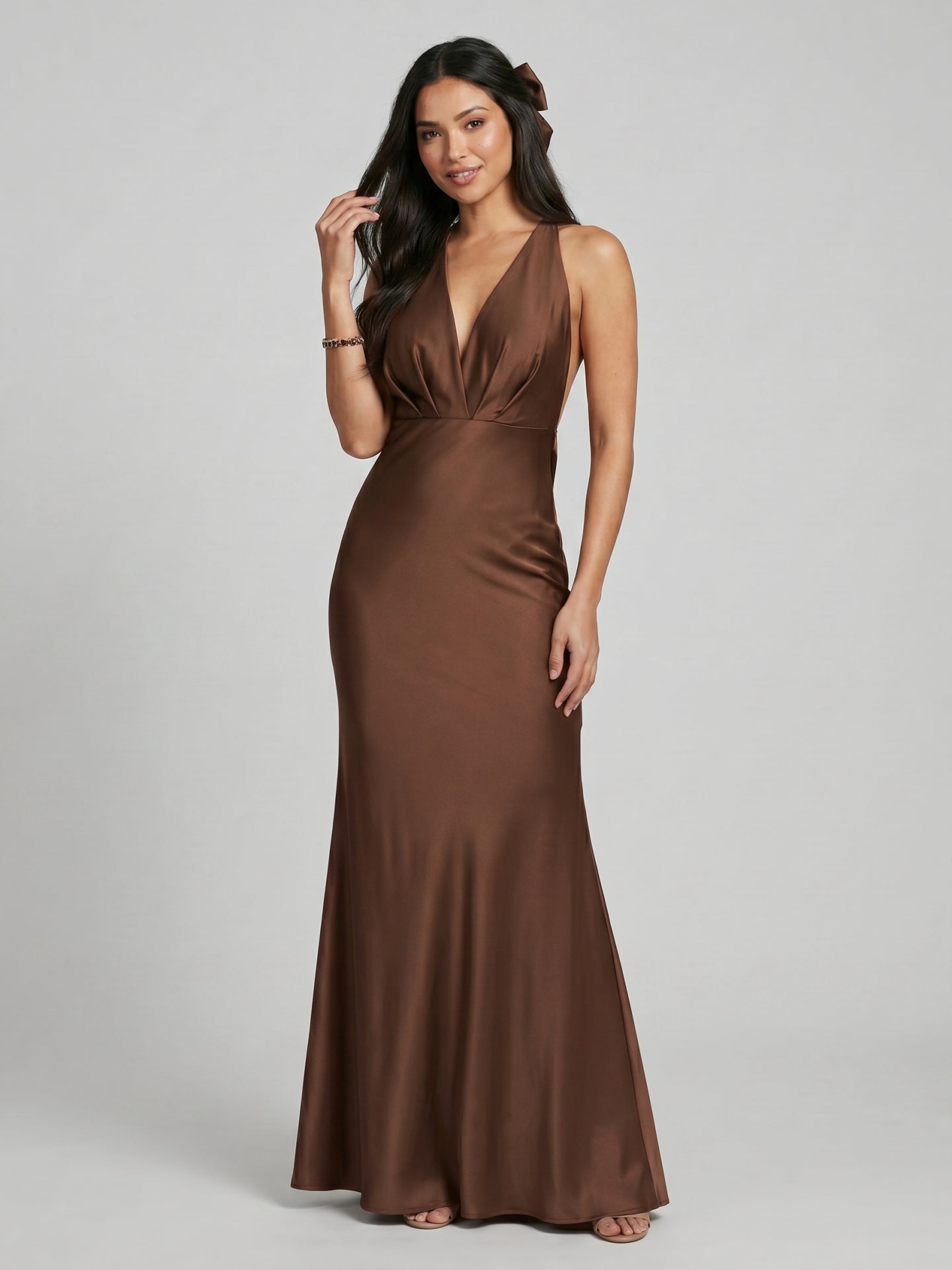 Elegant Mocha Satin mermaid V-Neck Ankle-Length Bridesmaid Dress with Minimalist Design - Curvevia