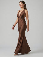 Elegant Mocha Satin mermaid V-Neck Ankle-Length Bridesmaid Dress with Minimalist Design - Curvevia