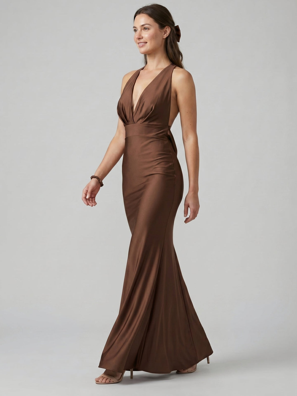 Elegant Mocha Satin mermaid V-Neck Ankle-Length Bridesmaid Dress with Minimalist Design - Curvevia