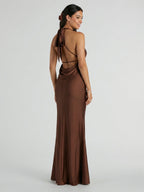 Elegant Mocha Satin mermaid V-Neck Ankle-Length Bridesmaid Dress with Minimalist Design - Curvevia