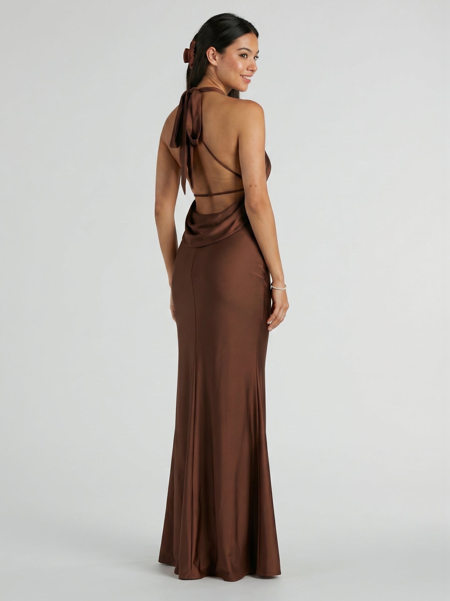 Elegant Mocha Satin mermaid V-Neck Ankle-Length Bridesmaid Dress with Minimalist Design - Curvevia