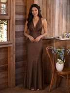 Elegant Mocha Satin mermaid V-Neck Ankle-Length Bridesmaid Dress with Minimalist Design - Curvevia