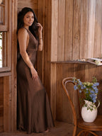 Elegant Mocha Satin mermaid V-Neck Ankle-Length Bridesmaid Dress with Minimalist Design - Curvevia