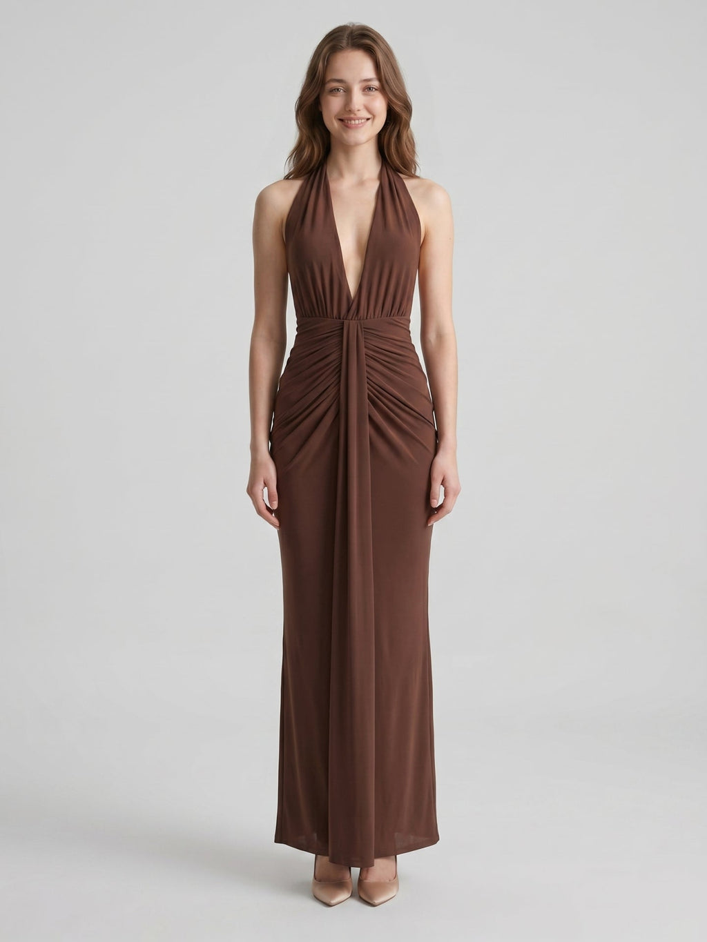 Elegant Mocha Stretch Knit Trumpet V-Neck Bow Ankle-Length Bridesmaid Dress - Curvevia