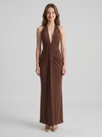 Elegant Mocha Stretch Knit Trumpet V-Neck Bow Ankle-Length Bridesmaid Dress - Curvevia