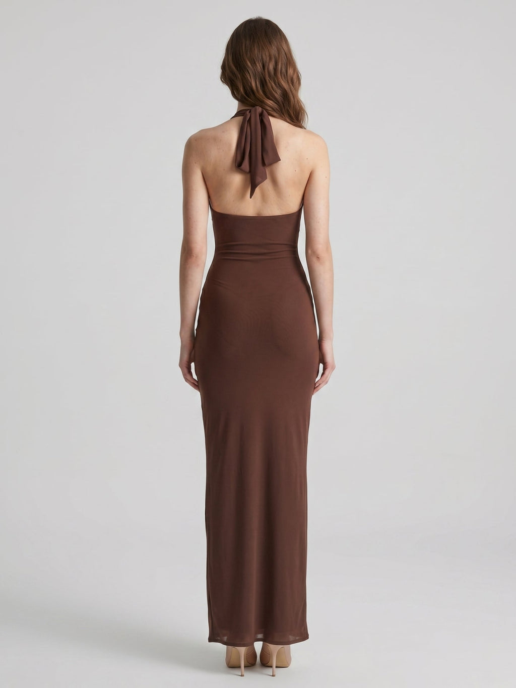 Elegant Mocha Stretch Knit Trumpet V-Neck Bow Ankle-Length Bridesmaid Dress - Curvevia