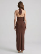 Elegant Mocha Stretch Knit Trumpet V-Neck Bow Ankle-Length Bridesmaid Dress - Curvevia