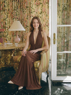 Elegant Mocha Stretch Knit Trumpet V-Neck Bow Ankle-Length Bridesmaid Dress - Curvevia