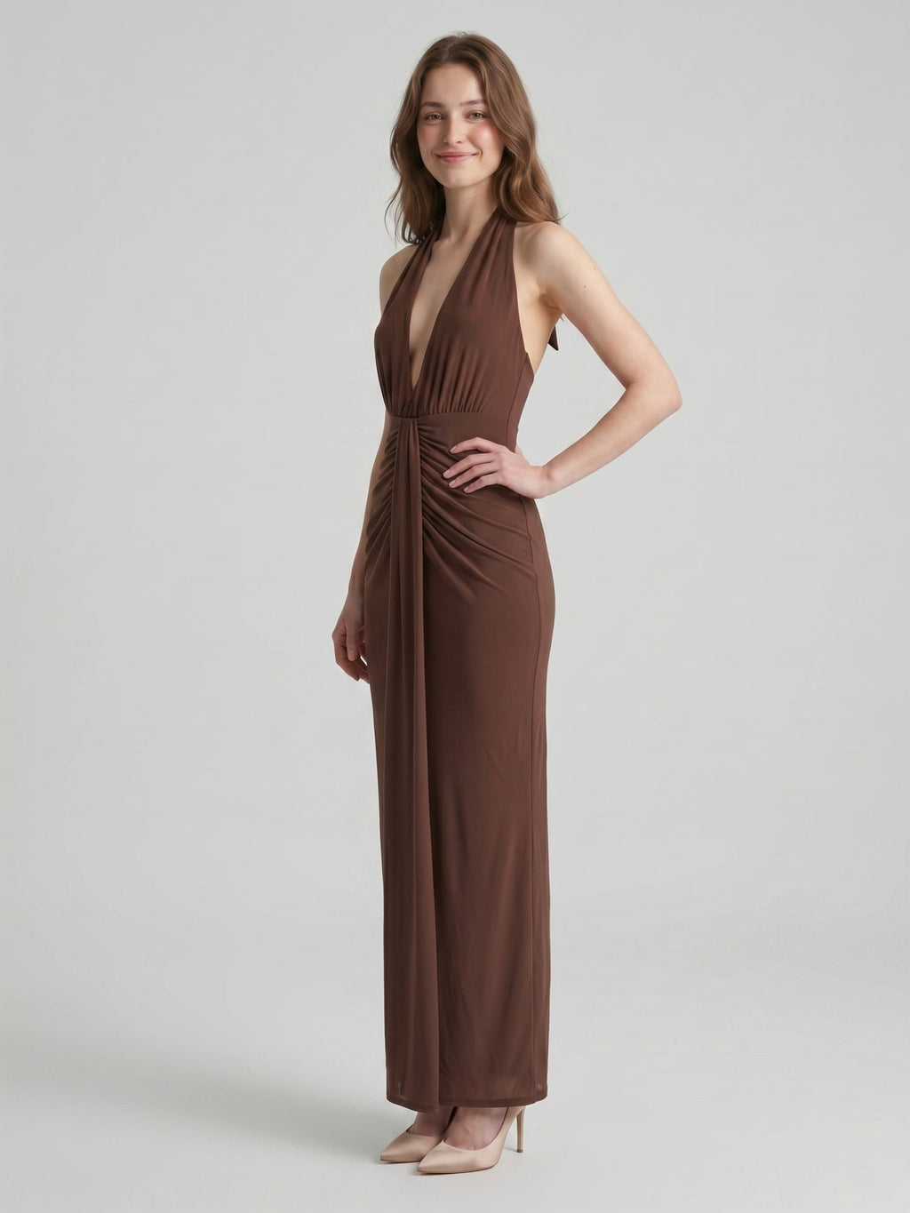 Elegant Mocha Stretch Knit Trumpet V-Neck Bow Ankle-Length Bridesmaid Dress - Curvevia