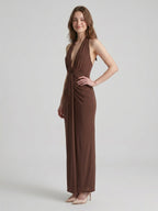 Elegant Mocha Stretch Knit Trumpet V-Neck Bow Ankle-Length Bridesmaid Dress - Curvevia