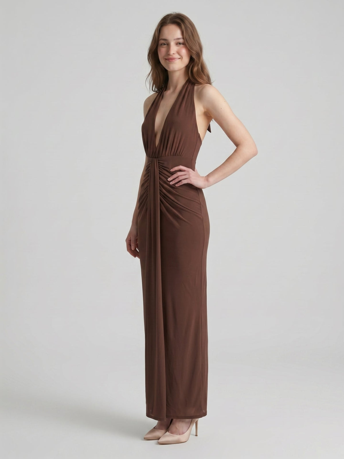 Elegant Mocha Stretch Knit Trumpet V-Neck Bow Ankle-Length Bridesmaid Dress - Curvevia