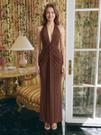 Elegant Mocha Stretch Knit Trumpet V-Neck Bow Ankle-Length Bridesmaid Dress - Curvevia