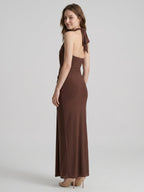 Elegant Mocha Stretch Knit Trumpet V-Neck Bow Ankle-Length Bridesmaid Dress - Curvevia