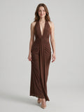 Elegant Mocha Stretch Knit Trumpet V-Neck Bow Ankle-Length Bridesmaid Dress - Curvevia