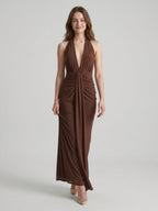 Elegant Mocha Stretch Knit Trumpet V-Neck Bow Ankle-Length Bridesmaid Dress - Curvevia