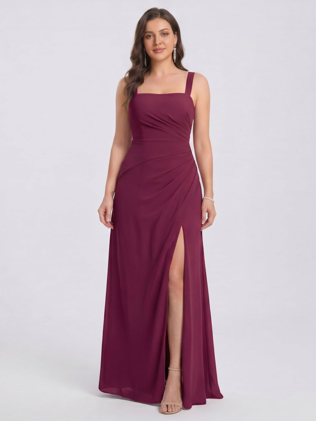 Elegant Mulberry Chiffon A-Line Square Neck Back Zip with nan Ankle-Length Bridesmaid Dress - Curvevia