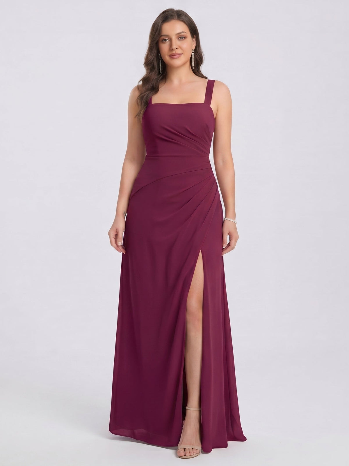 Elegant Mulberry Chiffon A-Line Square Neck Back Zip with nan Ankle-Length Bridesmaid Dress - Curvevia